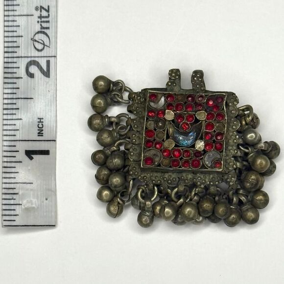 Vintage Kuchi Afghan Prayer Box Pendant with Red Glass Stones & Bells 2” - Picture 4 of 5